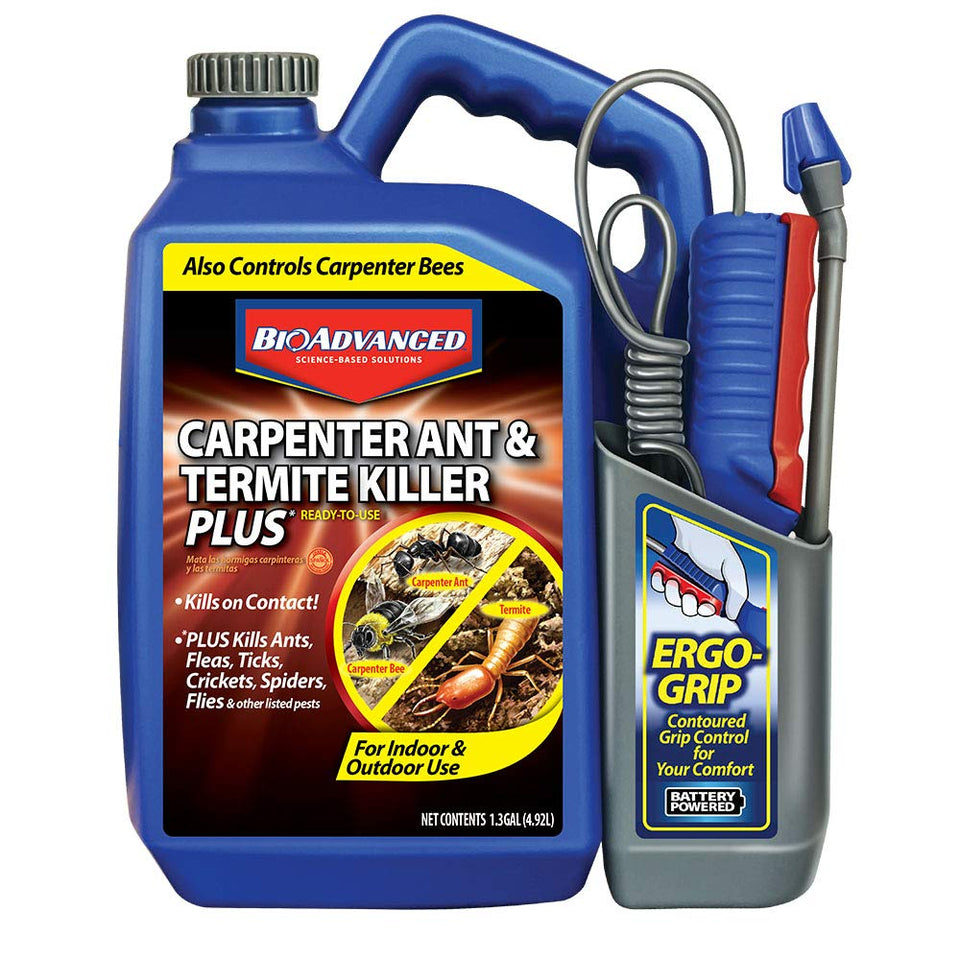 BioAdvanced Carpenter Ant & Termite Killer Plus spray bottle targets carpenter ants and termites for indoor and outdoor control.