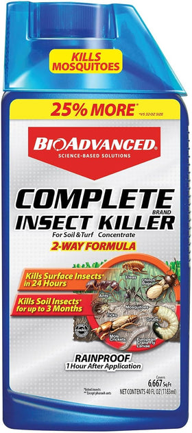 BioAdvanced bottle front showing two-way pest control for surface and soil insects.