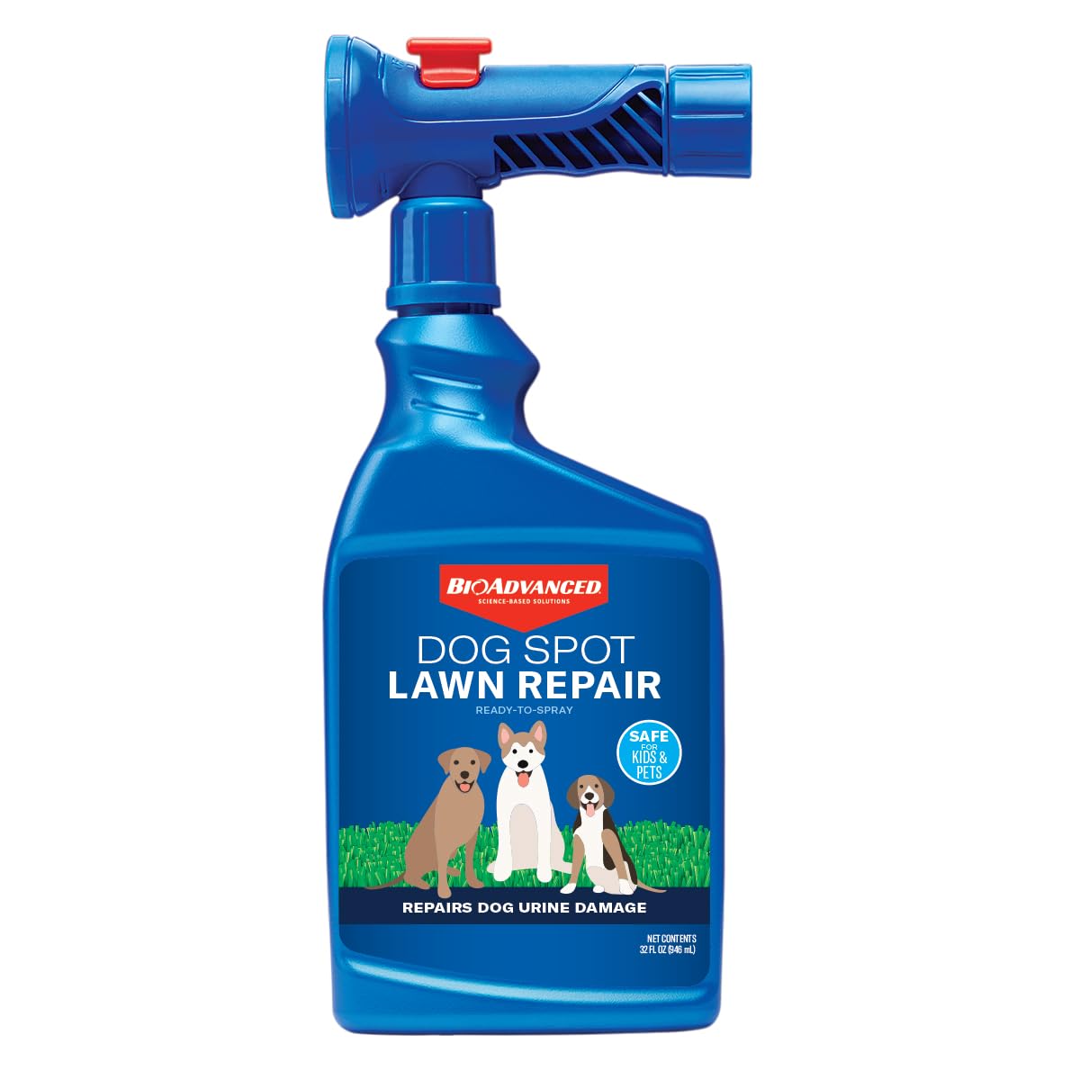 BioAdvanced Dog Spot Lawn Repair bottle pouring over urine-burned turf
