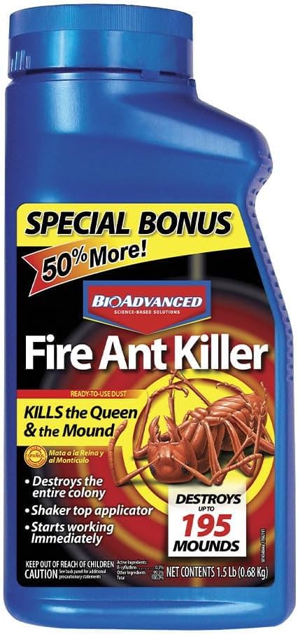 BioAdvanced Fire Ant Killer Dust ideal for lawns, beds, and trees.
