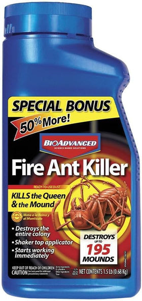 BioAdvanced Fire Ant Killer Dust ideal for lawns, beds, and trees.