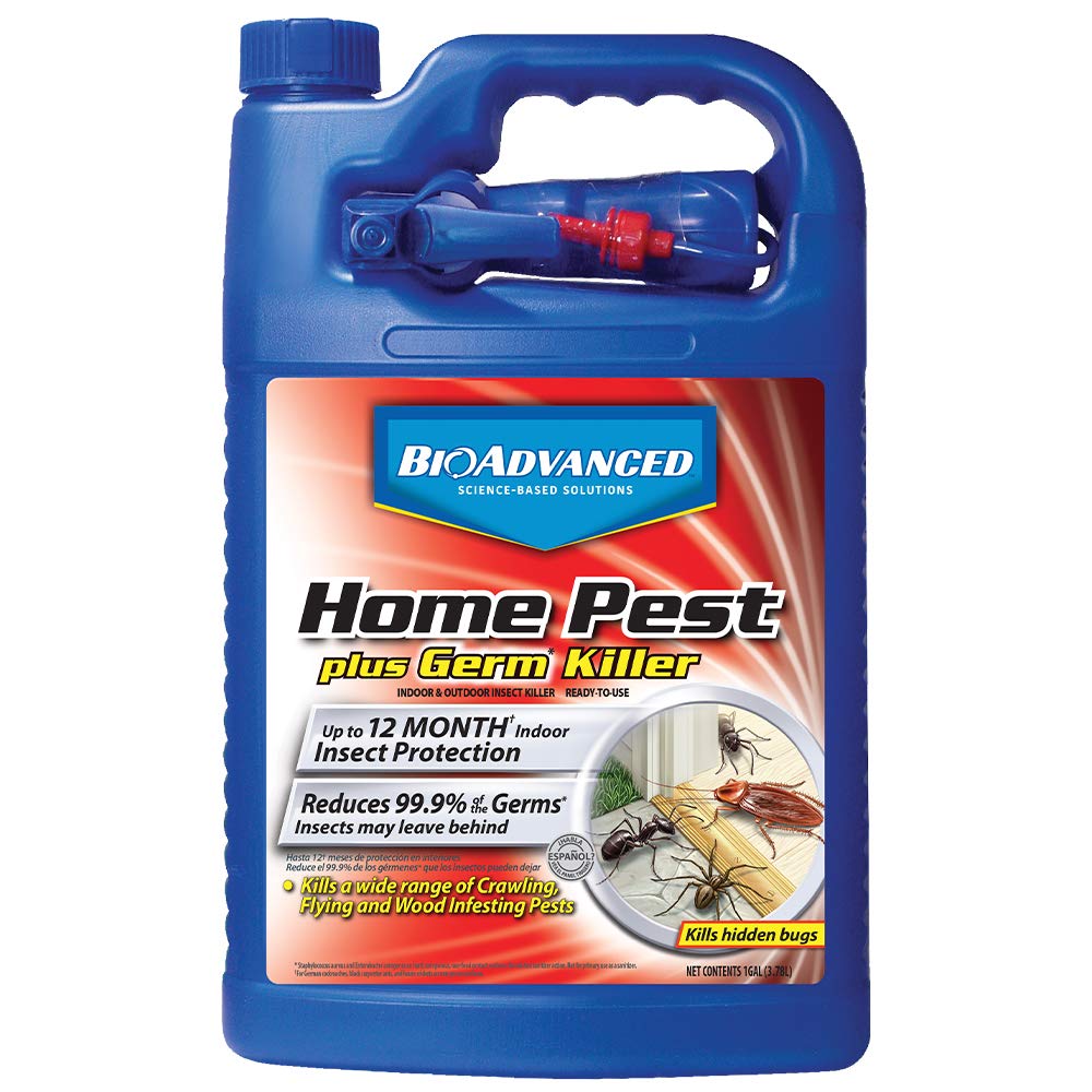 BioAdvanced Home Pest Plus Germ Killer bottle closeup with long-lasting indoor protection.