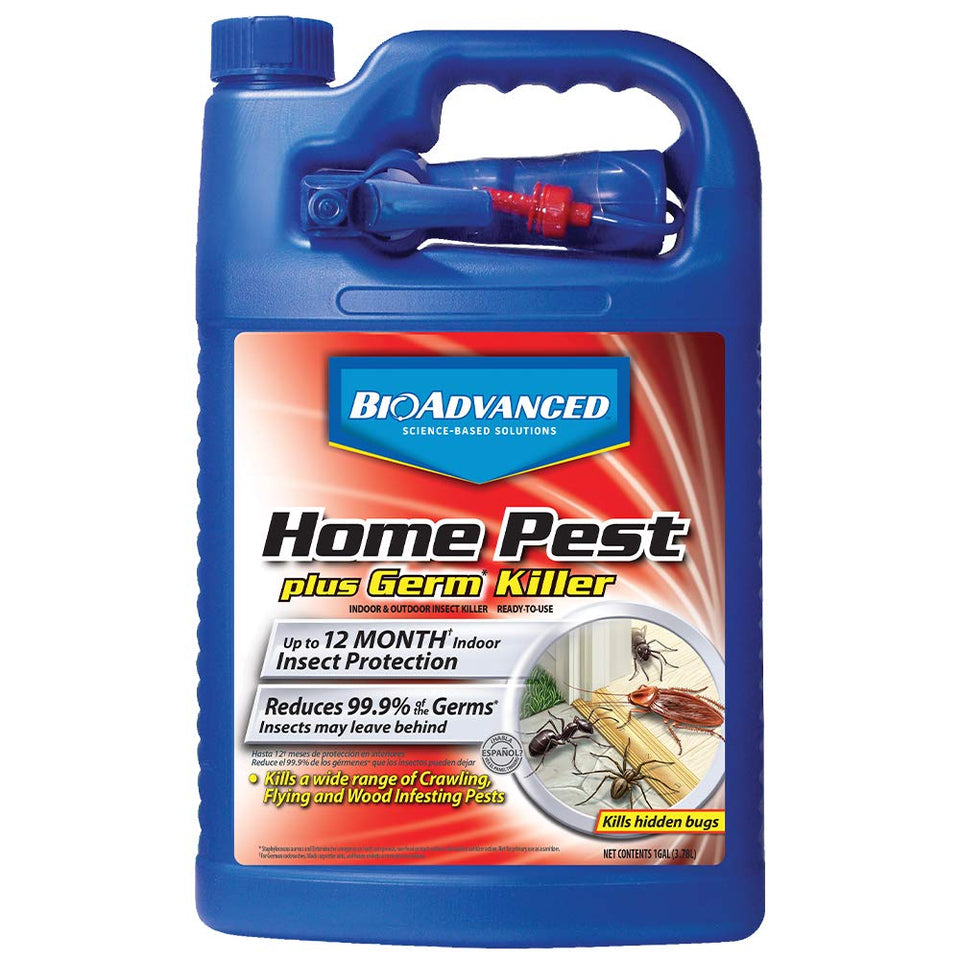 BioAdvanced Home Pest Plus Germ Killer bottle closeup with long-lasting indoor protection.