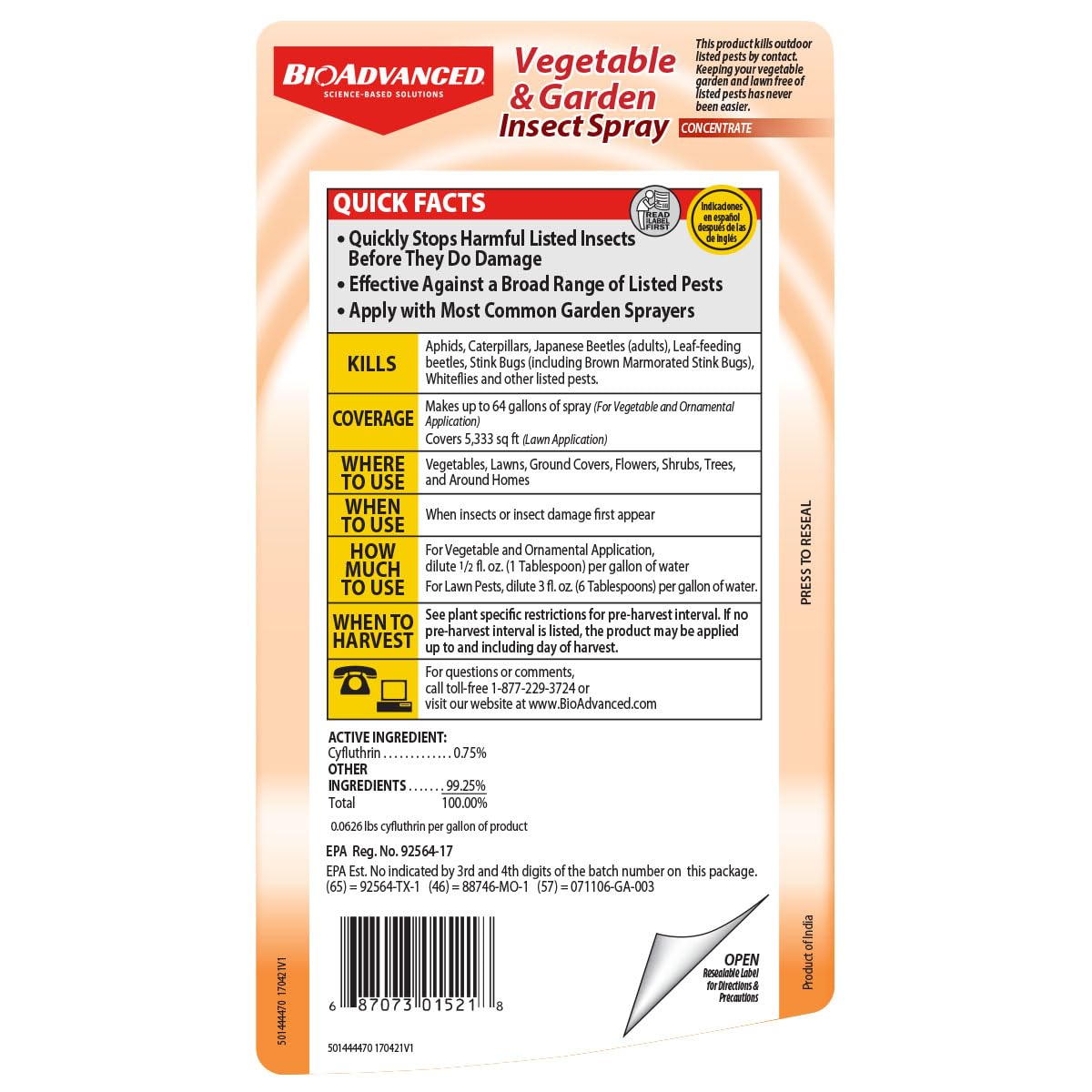 BioAdvanced kills aphids, caterpillars, and thrips on outdoor plants