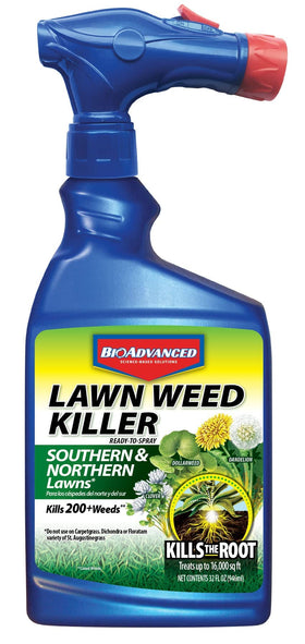 BioAdvanced ready-to-spray bottle visual shows easy lawn weed control.