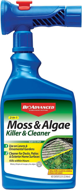 BioAdvanced moss and algae killer bottle ready for lawn treatment with no odor.
