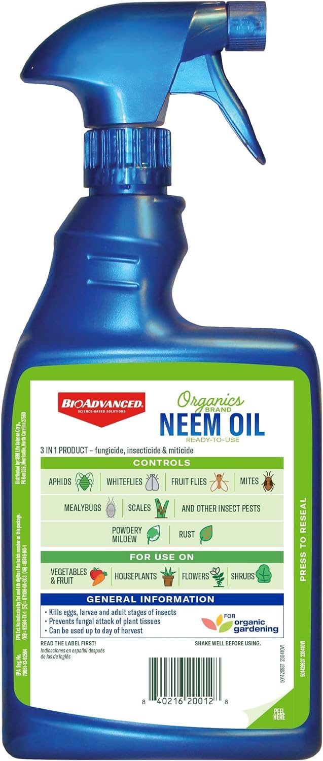BioAdvanced Neem Oil spray bottle application enables even plant coverage
