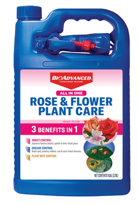 BioAdvanced All-in-One bottle label protects roses from pests and diseases for garden use.