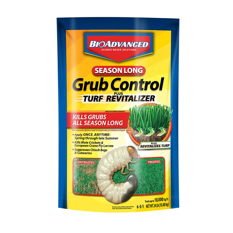 BioAdvanced Season Long Grub Control granules spread across a lush lawn for stronger roots