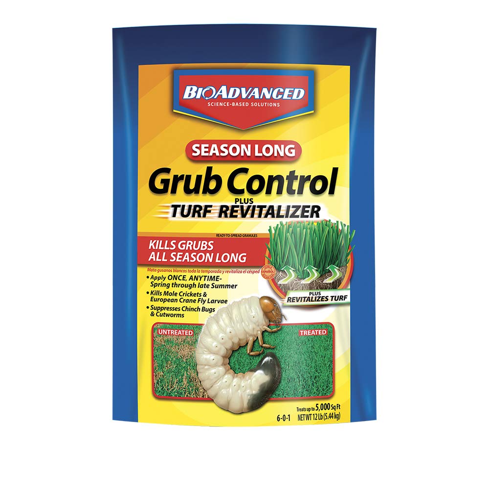 BioAdvanced Season-Long Grub Control granules in bag ready to spread for grub protection.
