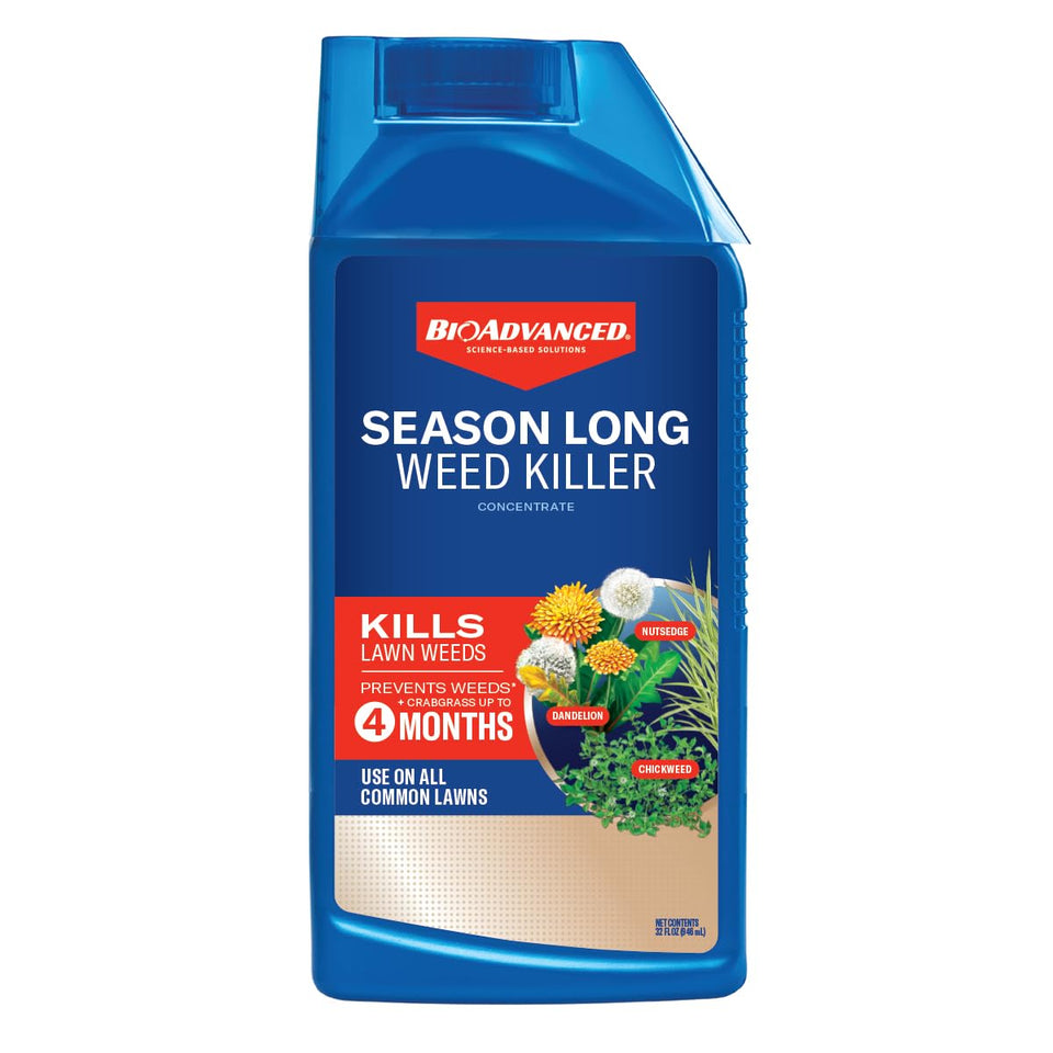 BioAdvanced Season Long Weed Killer bottle for lawn treatment.