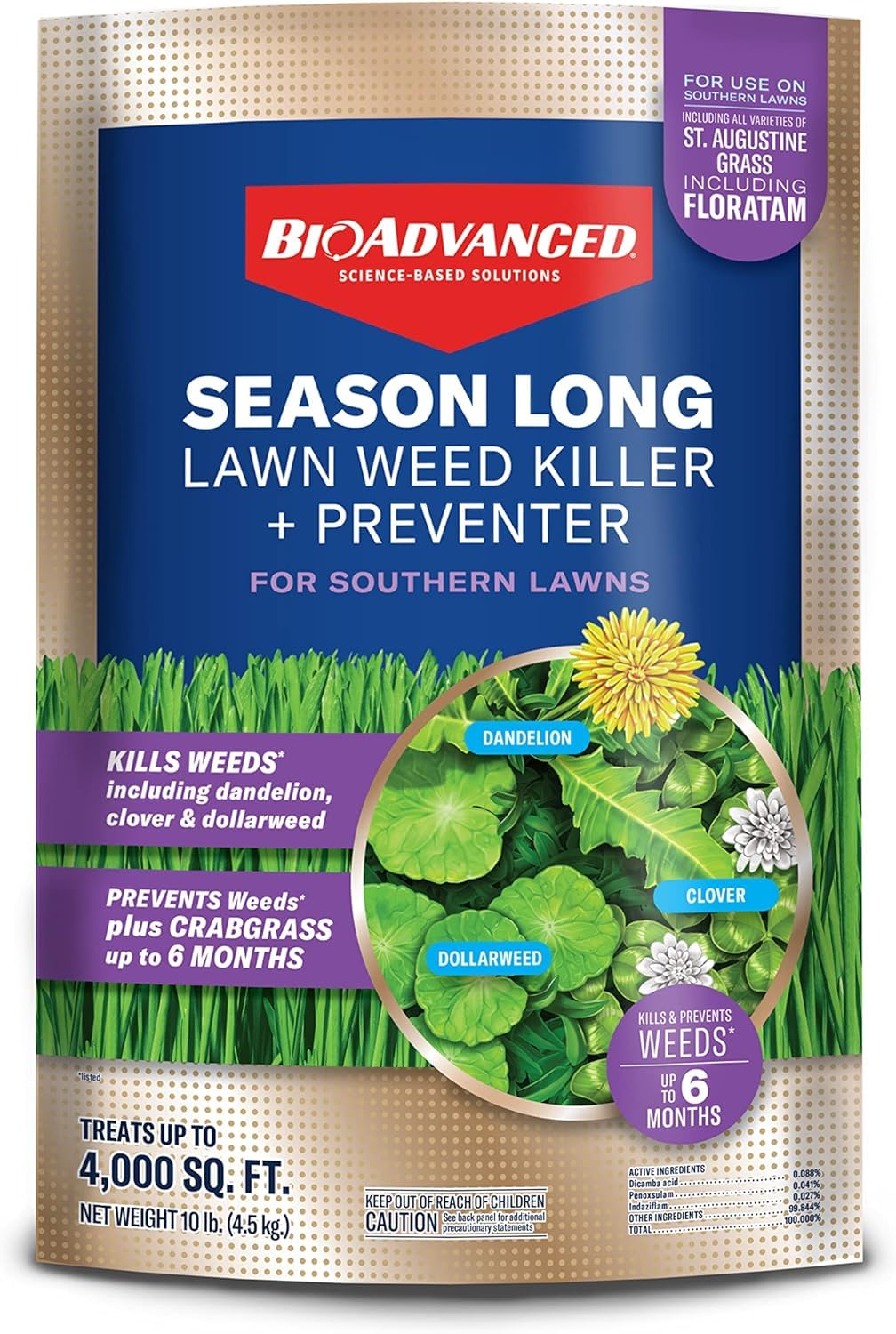 BioAdvanced season-long weed killer granules applied to a green lawn for lasting control