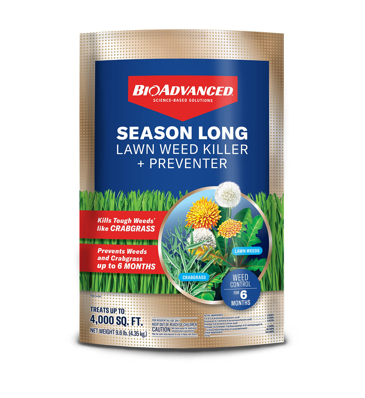 BioAdvanced Season Long Weed Killer Plus Preventer granules in a 9.6 lb bag protect your lawn.