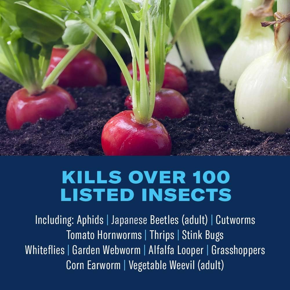 BioAdvanced pest-control bottle pour demonstrates easy application on tomatoes and vegetables.