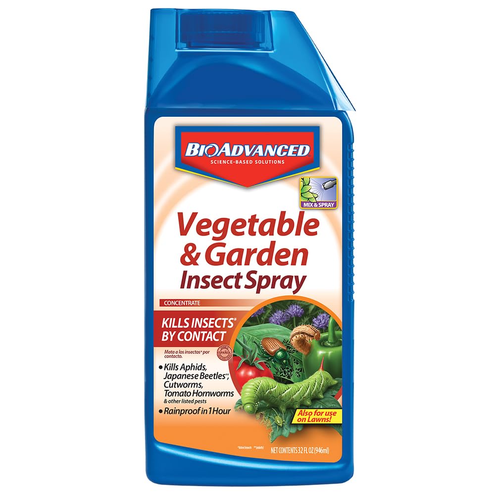 BioAdvanced insect spray bottle ready for outdoor garden pest control