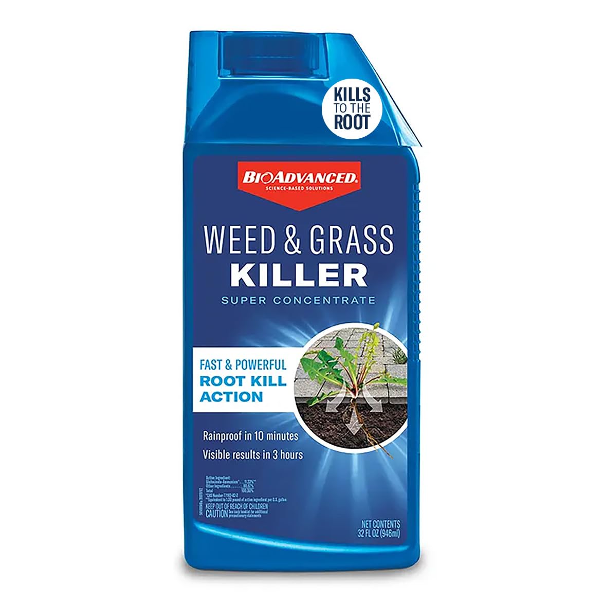 BioAdvanced weed killer spray concentrate bottle ready for fast control around trees.