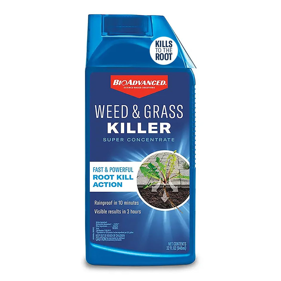 BioAdvanced weed killer spray concentrate bottle ready for fast control around trees.
