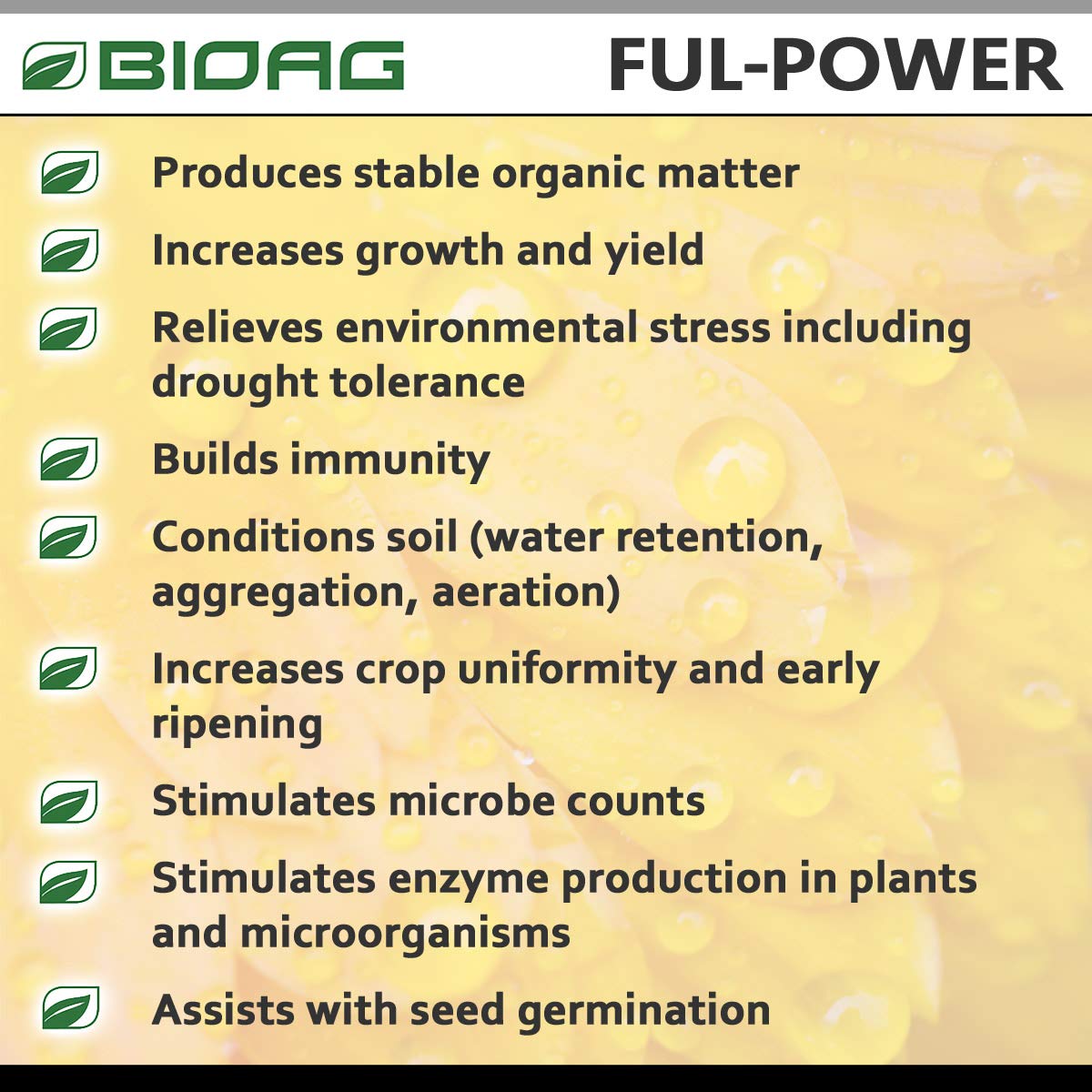 BioAg Ful-Power droplets illustrate ready-to-use humic acid for absorption.