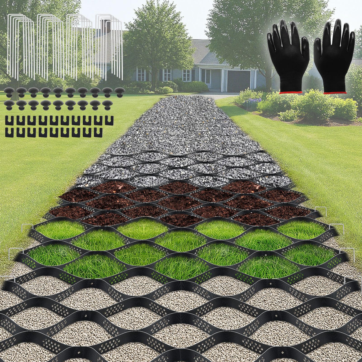 BIOBUBANA Gravel Grid on driveway stabilizes load for a durable, even surface