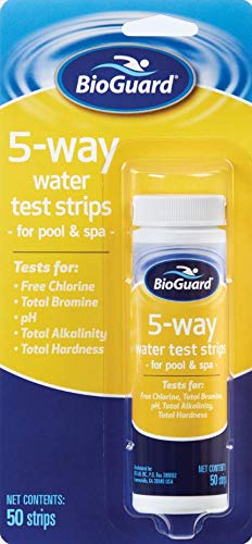Bioguard 5-Way Test Strips for quick dip testing of pool water and balanced sanitizers