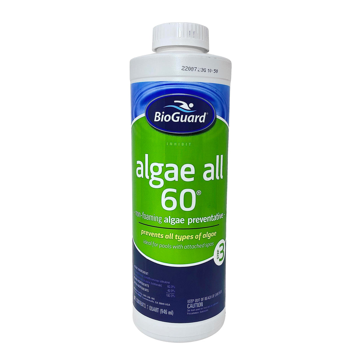 BioGuard Algae All 60-1 Quart bottle, front view, helps prevent pool algae.