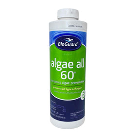 BioGuard Algae All 60-1 Quart bottle, front view, helps prevent pool algae.