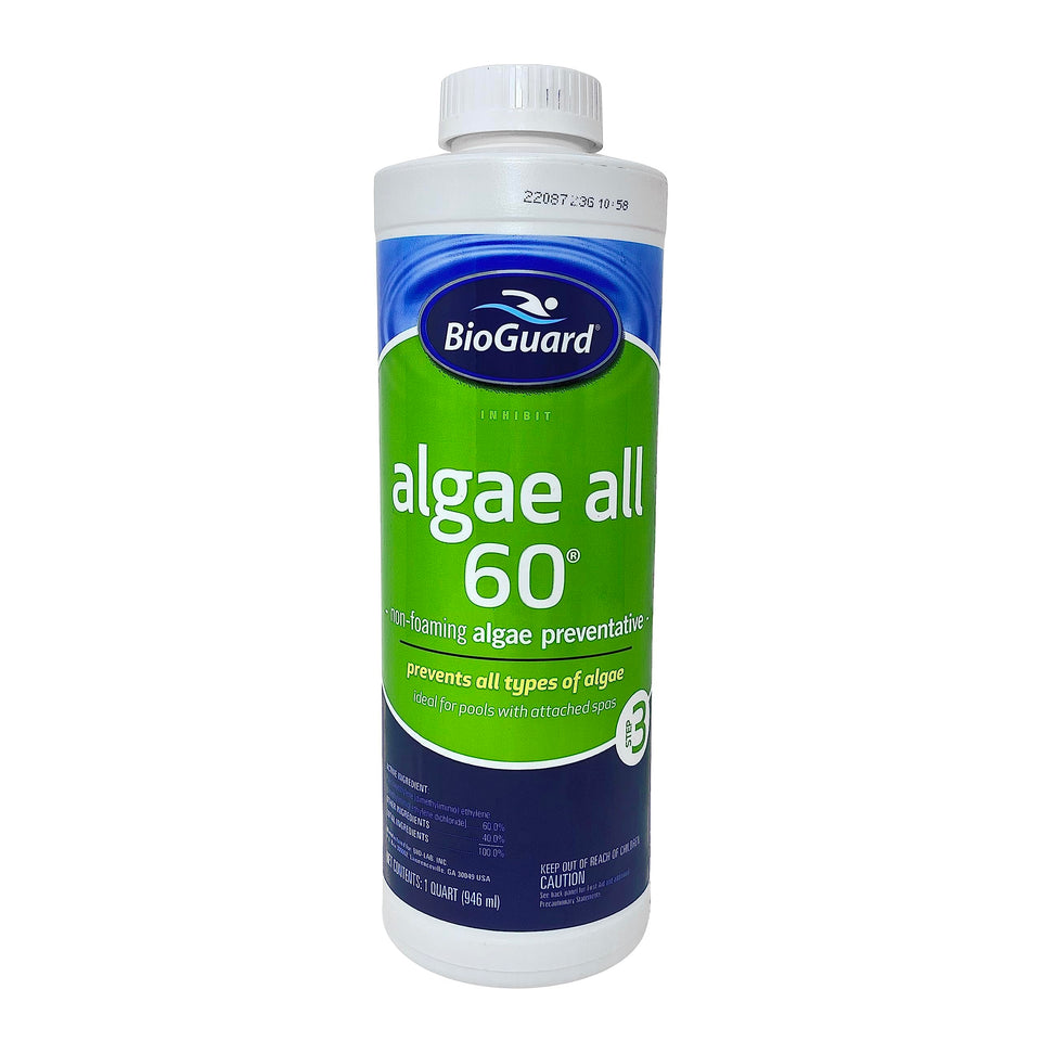 BioGuard Algae All 60-1 Quart bottle, front view, helps prevent pool algae.