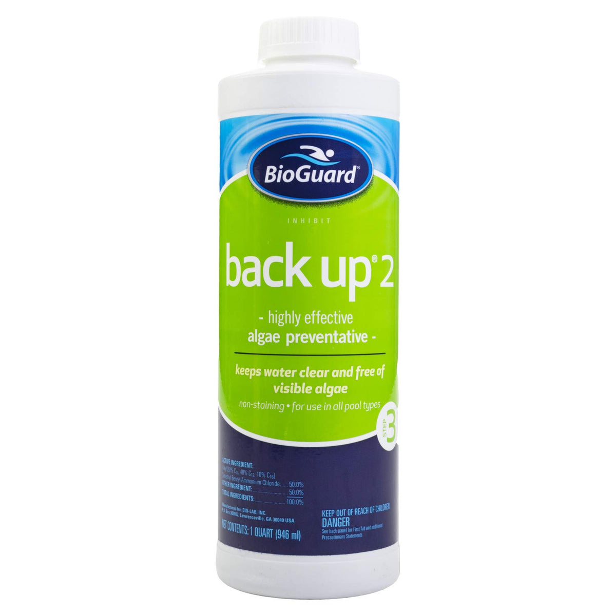 BioGuard Back Up 2-1 quart bottle applied around pool perimeter to prevent algae growth