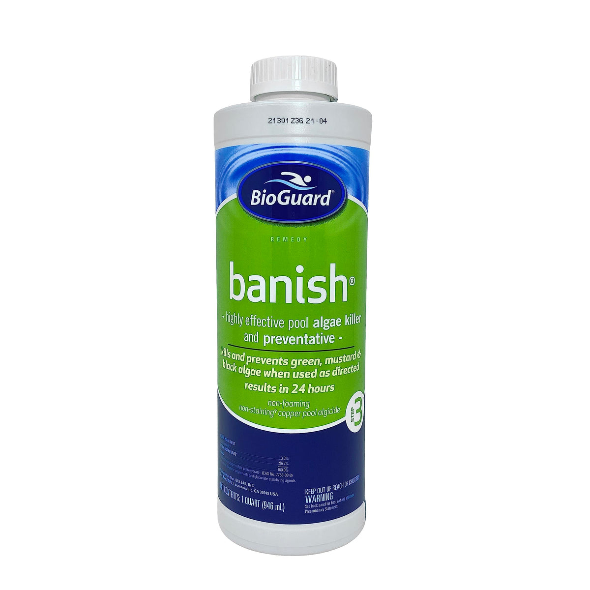 BioGuard Banish bottle-front highlights fast-acting algae prevention for pools.