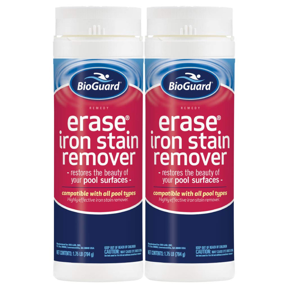 BioGuard Erase Iron Stain Remover bottle for pool surface stain removal