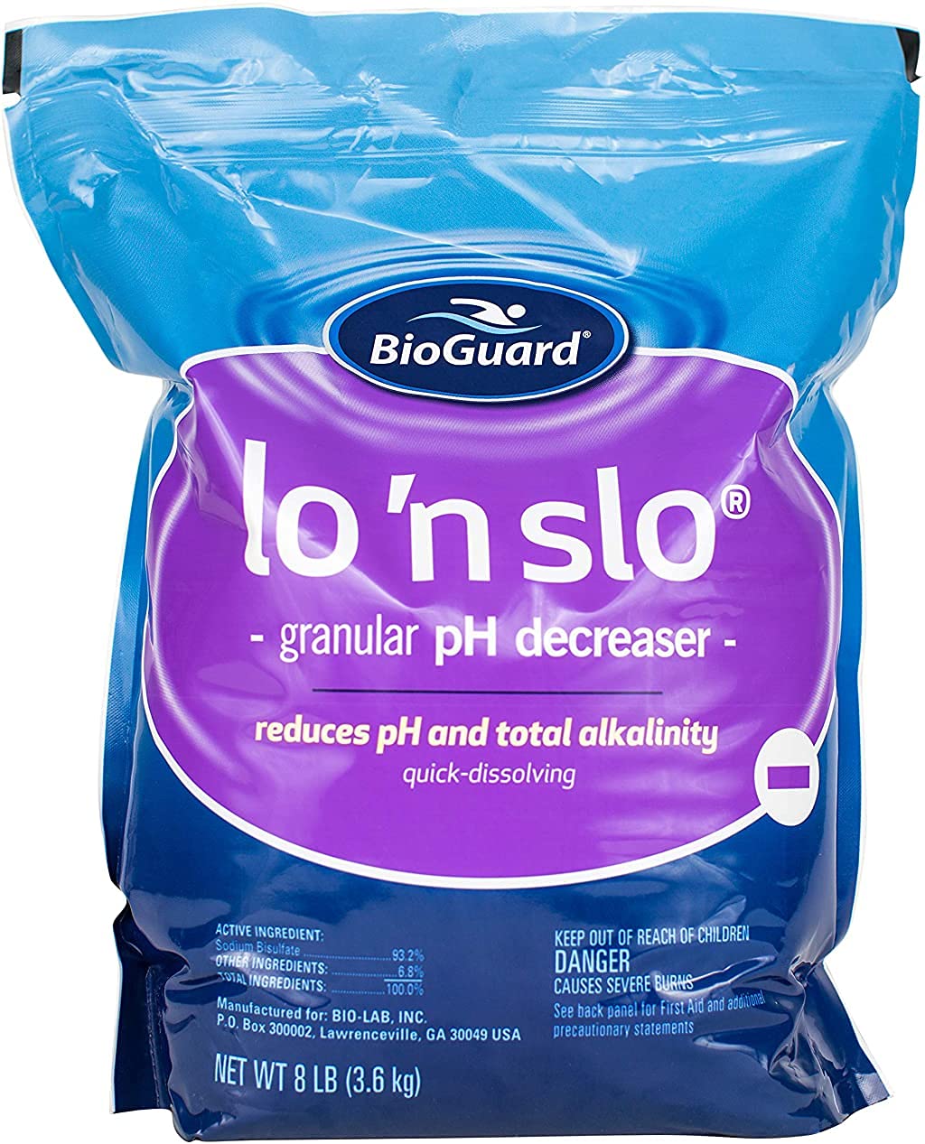 BioGuard Lo 'N Slo 8 lb pH reducer granules balancing pool water.