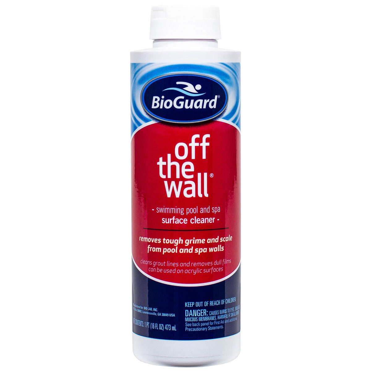 Bioguard Off The Wall Surface Cleaner bottle pour for long-lasting pool surface cleaning.