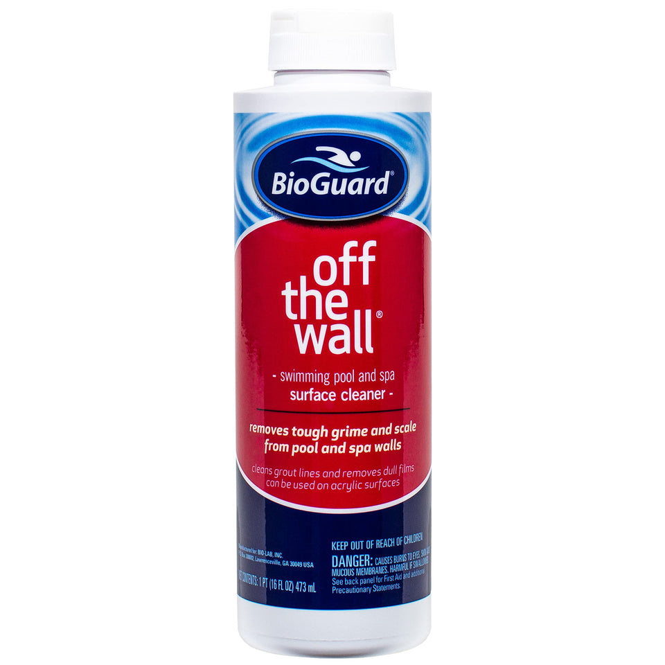 Bioguard Off The Wall Surface Cleaner bottle pour for long-lasting pool surface cleaning.