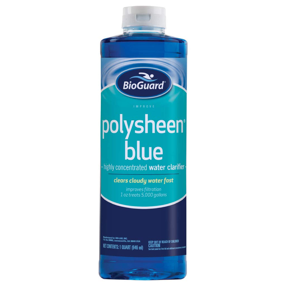 BioGuard Polysheen Blue clarifier bottle pour improves pool clarity for faster filter cleaning