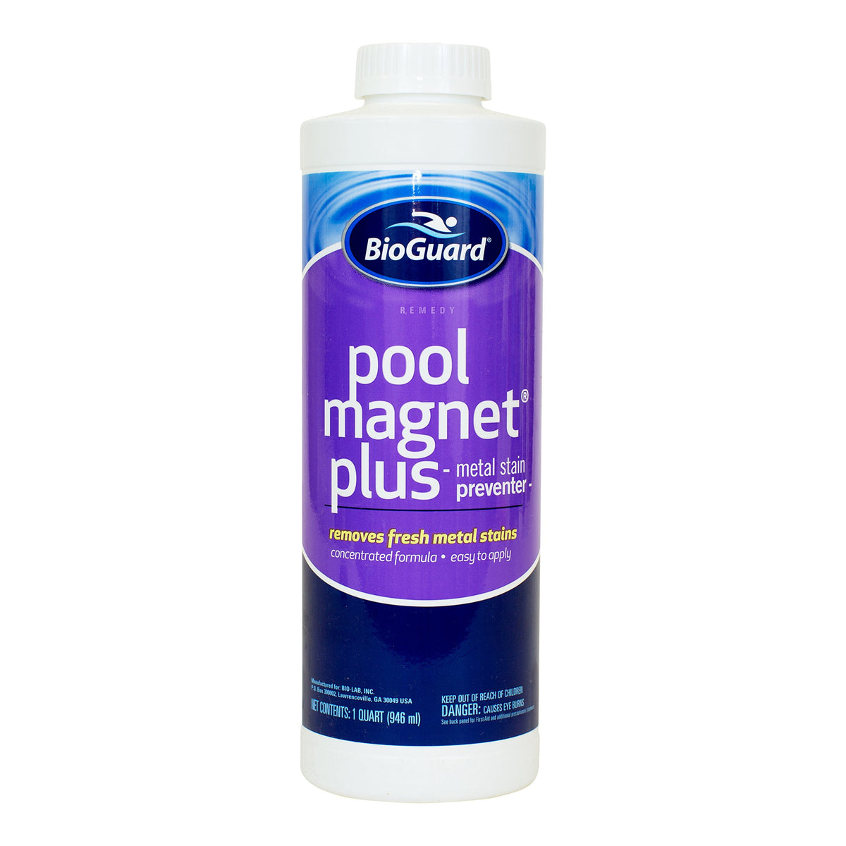 BioGuard Pool Magnet Plus bottle with chelating formula to prevent metal stains