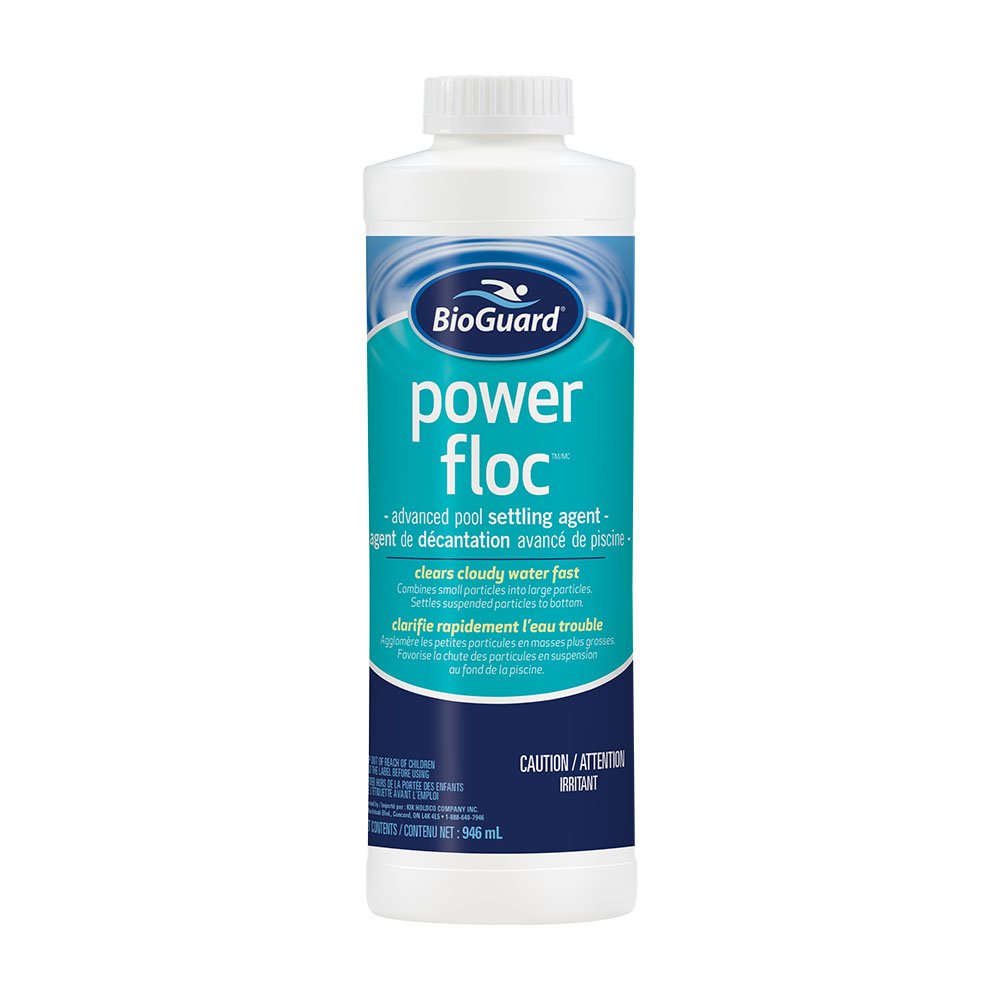 BioGuard PowerFloc bottle pour helps clear cloudy water after dosing.