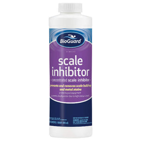 Close-up of BioGuard Scale Inhibitor label showing pH-neutral formula and extended protection.