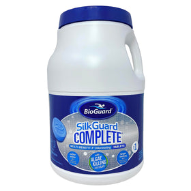 BioGuard SilkGuard complete tabs packaging showing long-lasting pool sanitization.