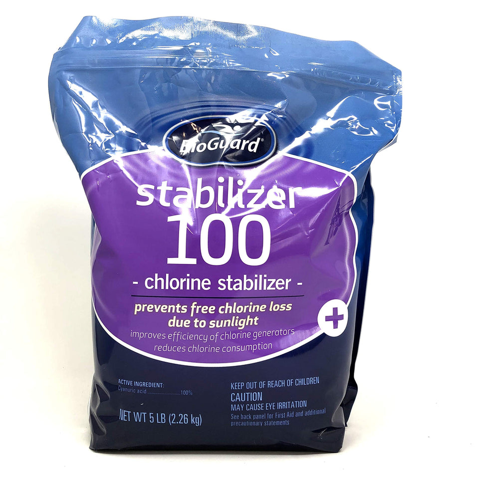 BioGuard Stabilizer 100 in granular soluble form protects outdoor pool chlorine