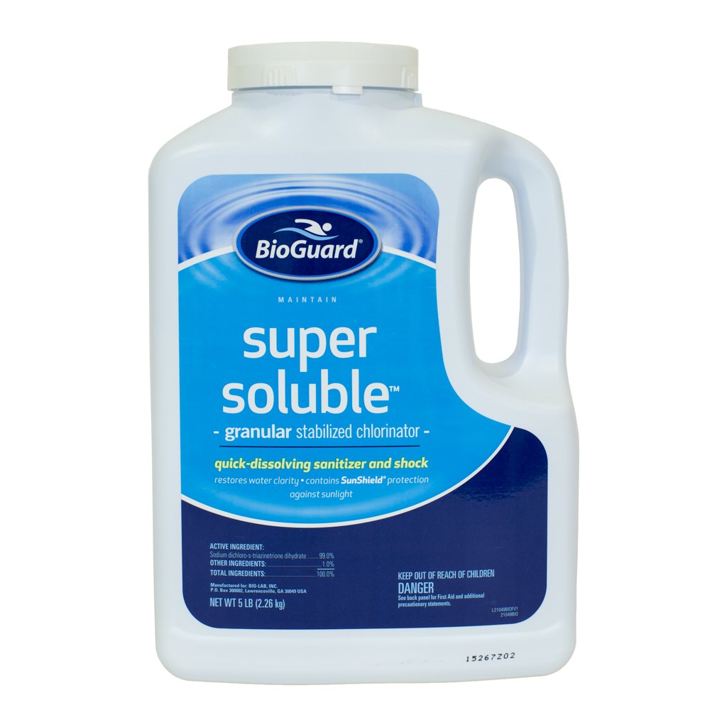 BioGuard Super Soluble chlorine granules pour into pool water for quick sanitation