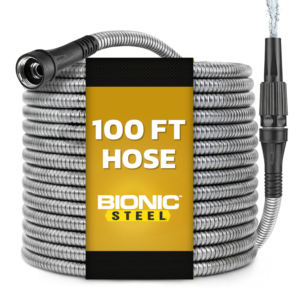 BIONIC STEEL 100 ft hose with sprayer nozzle for steady water flow and control