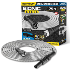 BIONIC STEEL 75ft garden hose exterior close-up highlights durable stainless steel shell