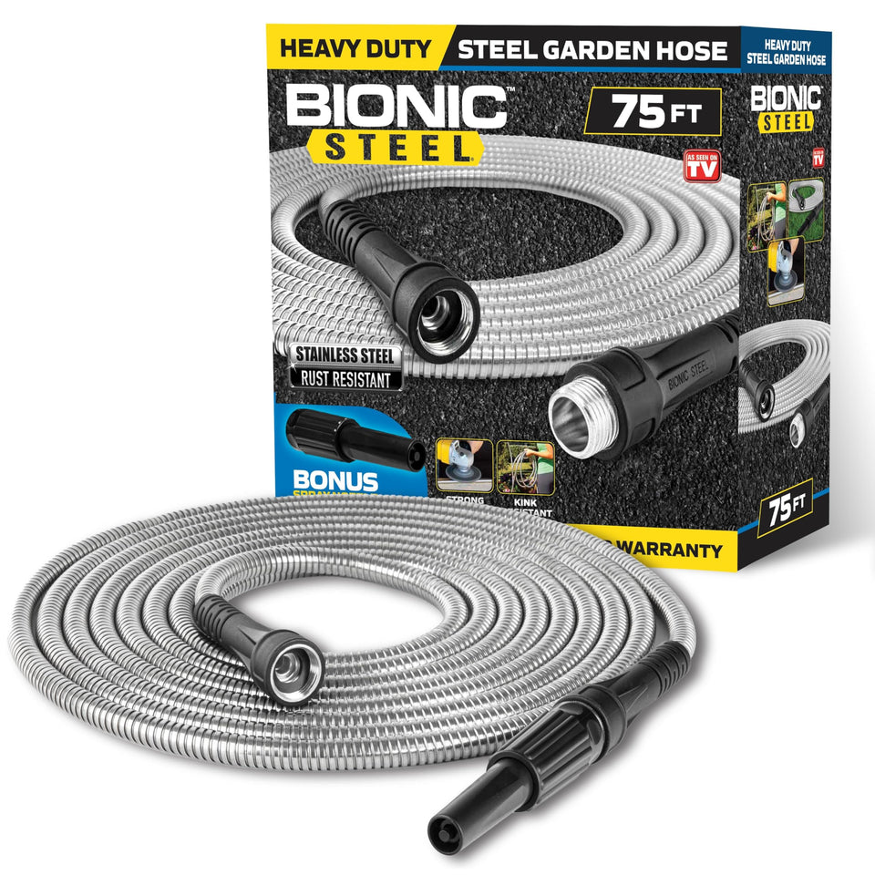BIONIC STEEL 75ft garden hose exterior close-up highlights durable stainless steel shell