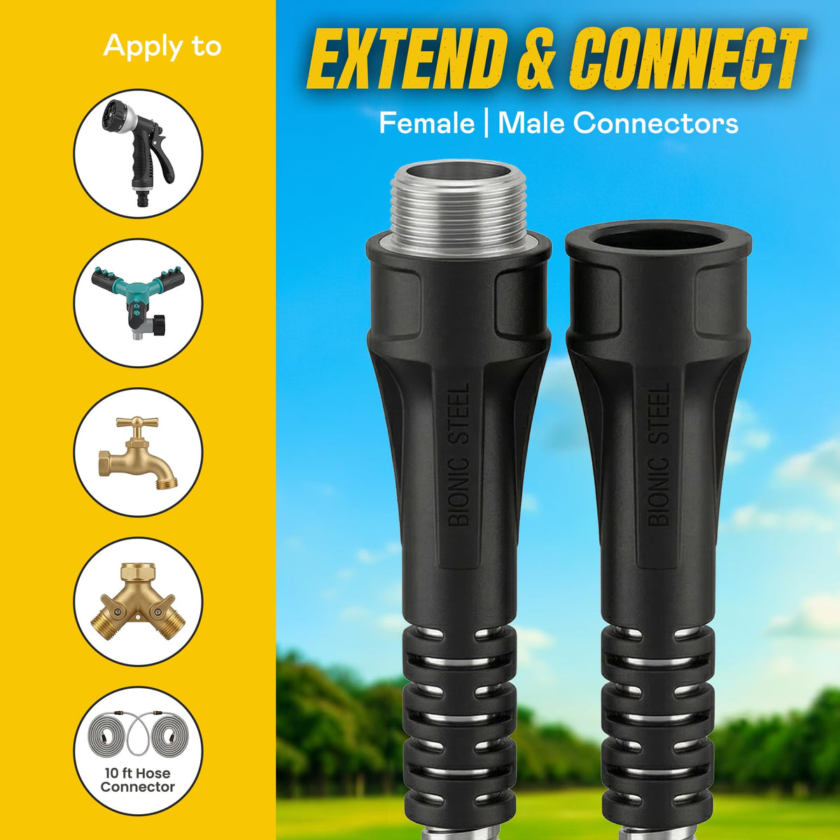 BIONIC STEEL hose connector for reels ensuring leak-proof connection.