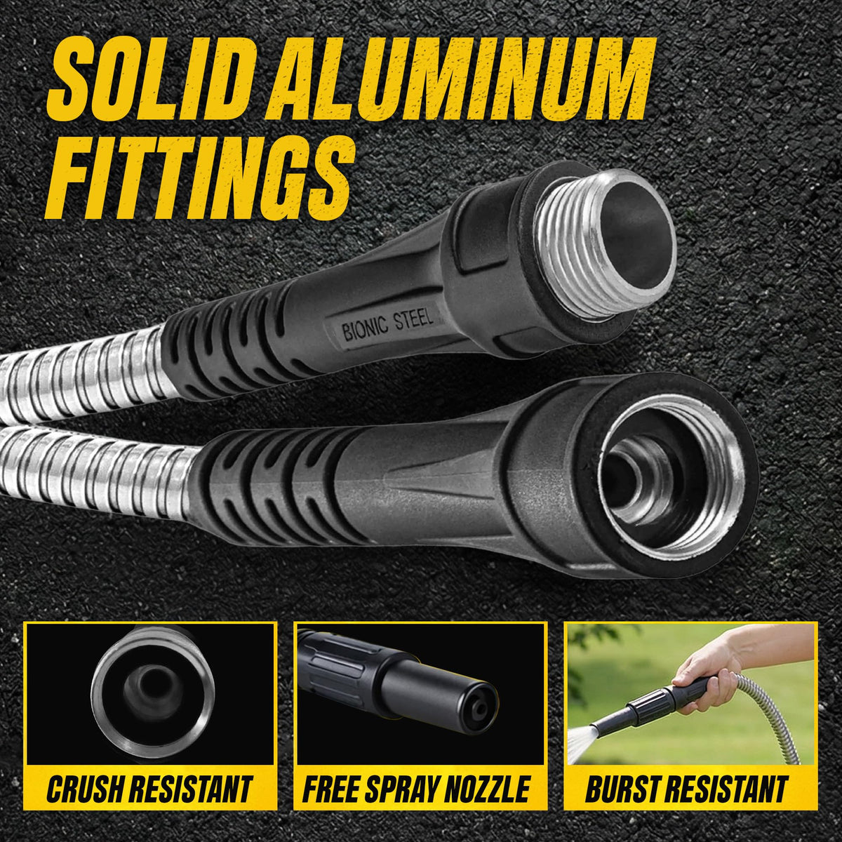 BIONIC STEEL hose neatly coiled for compact storage outdoors
