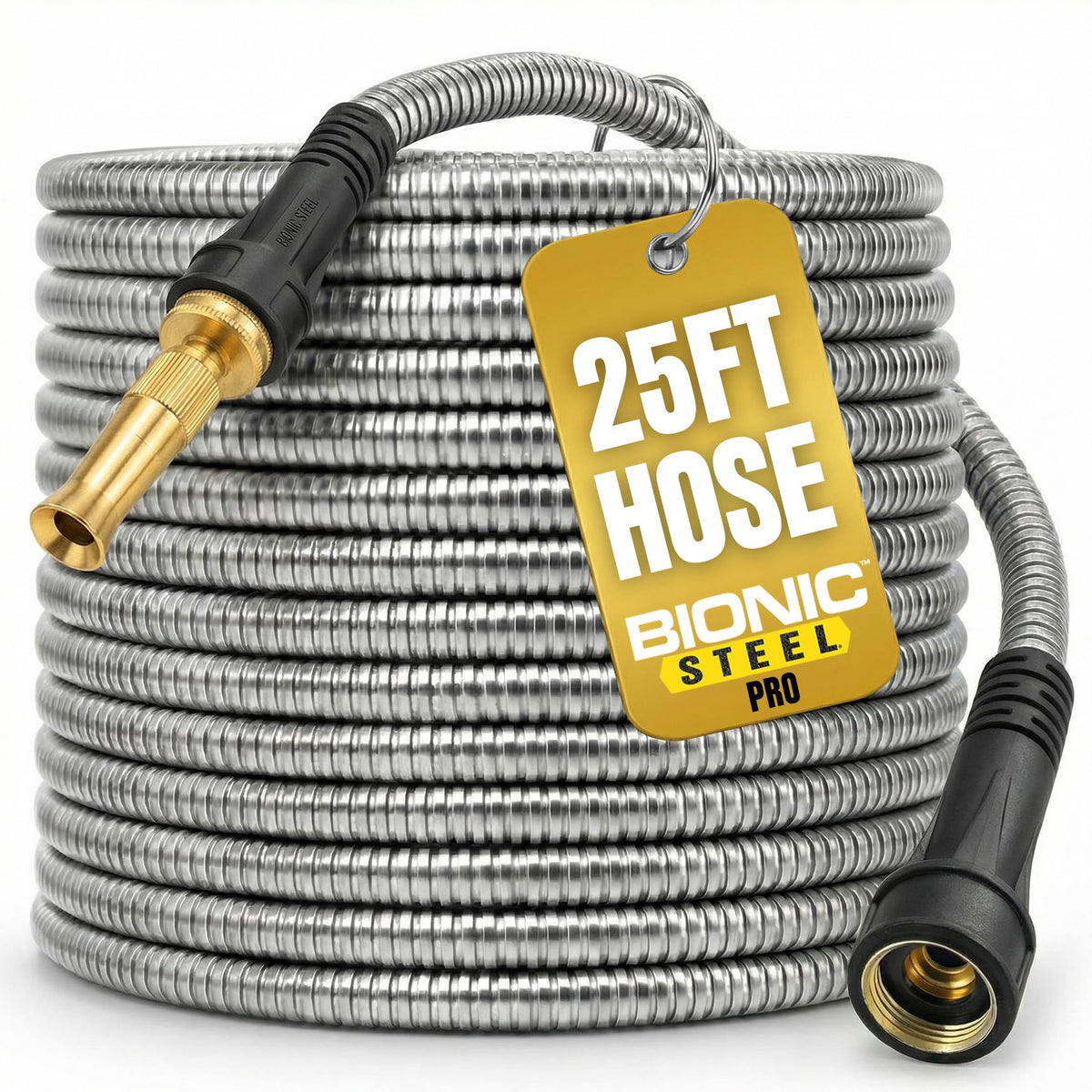 Bionic Steel Pro 25ft hose nozzle assembly shows durable control for easy watering.