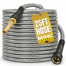 Bionic Steel Pro 25ft hose nozzle assembly shows durable control for easy watering.
