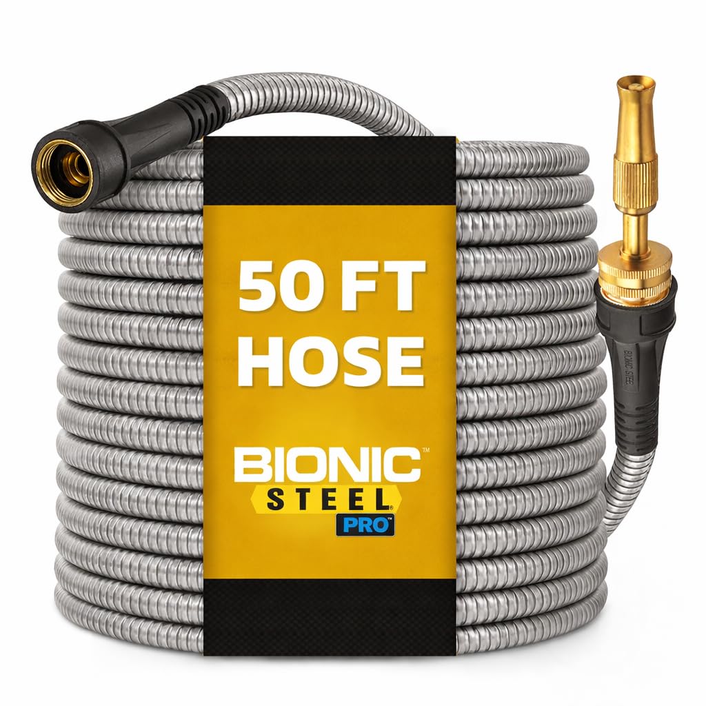 BIONIC STEEL PRO 50ft hose with nozzle shows efficient watering in action.