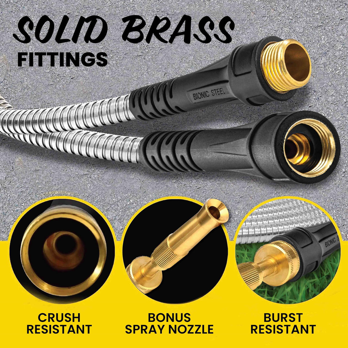 Bionic Steel Pro 75ft hose brass fittings provide secure, leak-free connections.