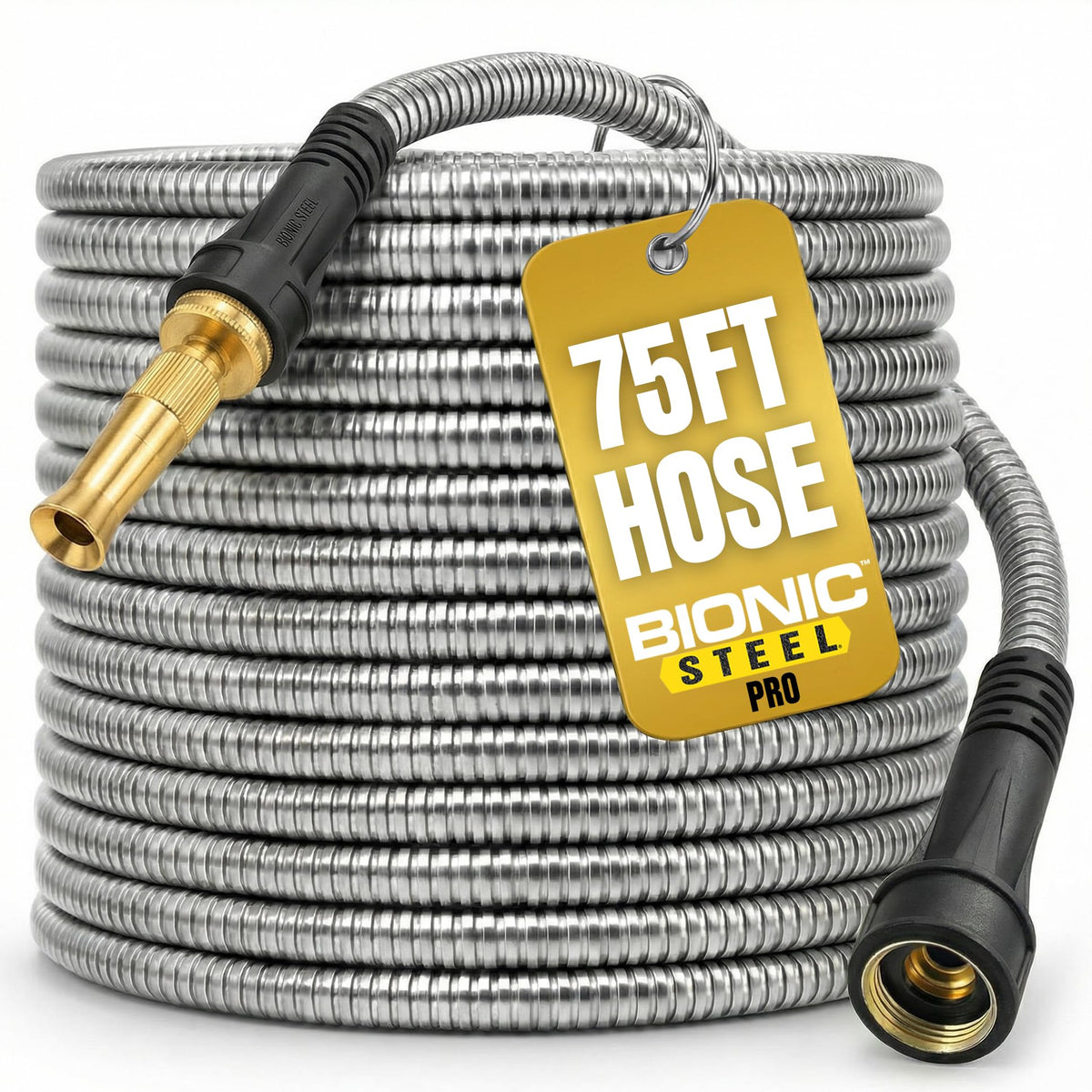Bionic Steel Pro 75ft hose outer-shell shows durable outdoor watering in action.